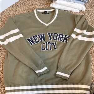 Olive Green V-Neck Sweater with New York City Print